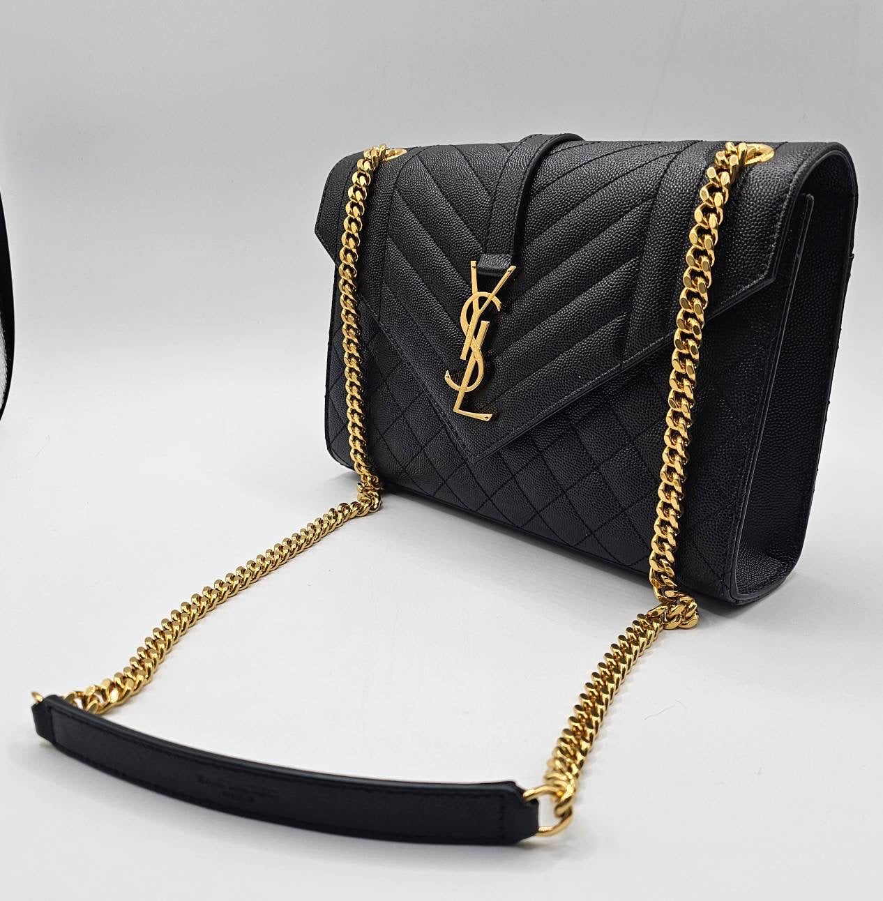 Yves Saint Laurent Gold Tone Chain Black Medium Envelope Shoulder Bag