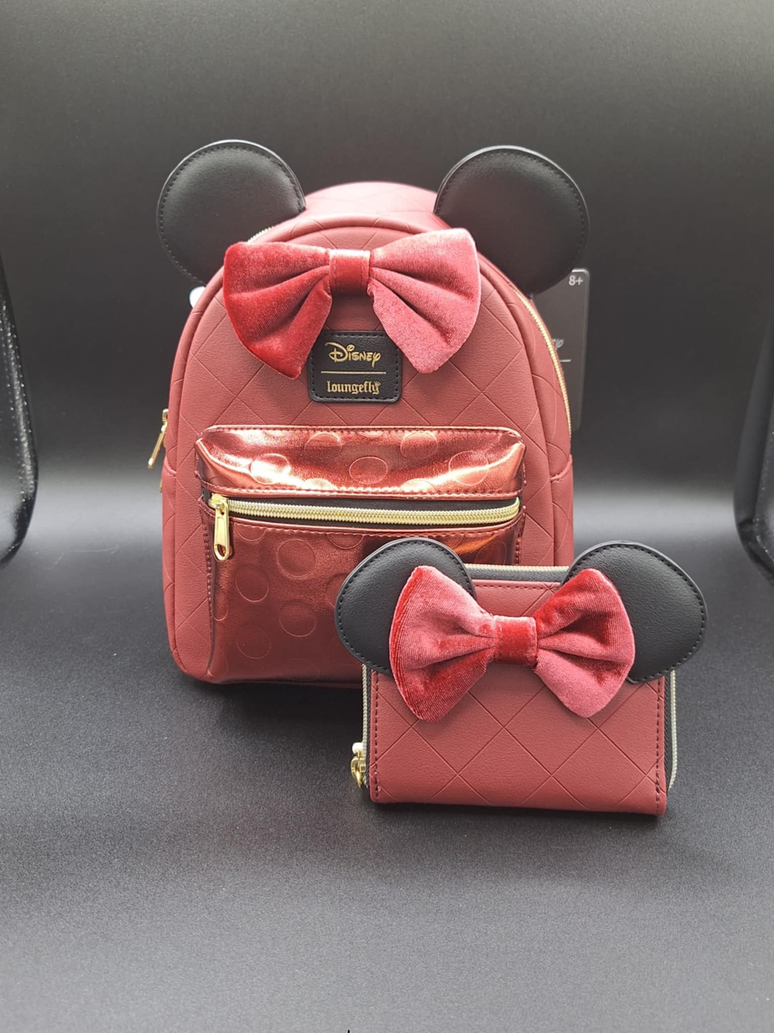 Loungefly Disney Minnie Mouse Burgundy Velvet Bow Mini Backpack and Wallet