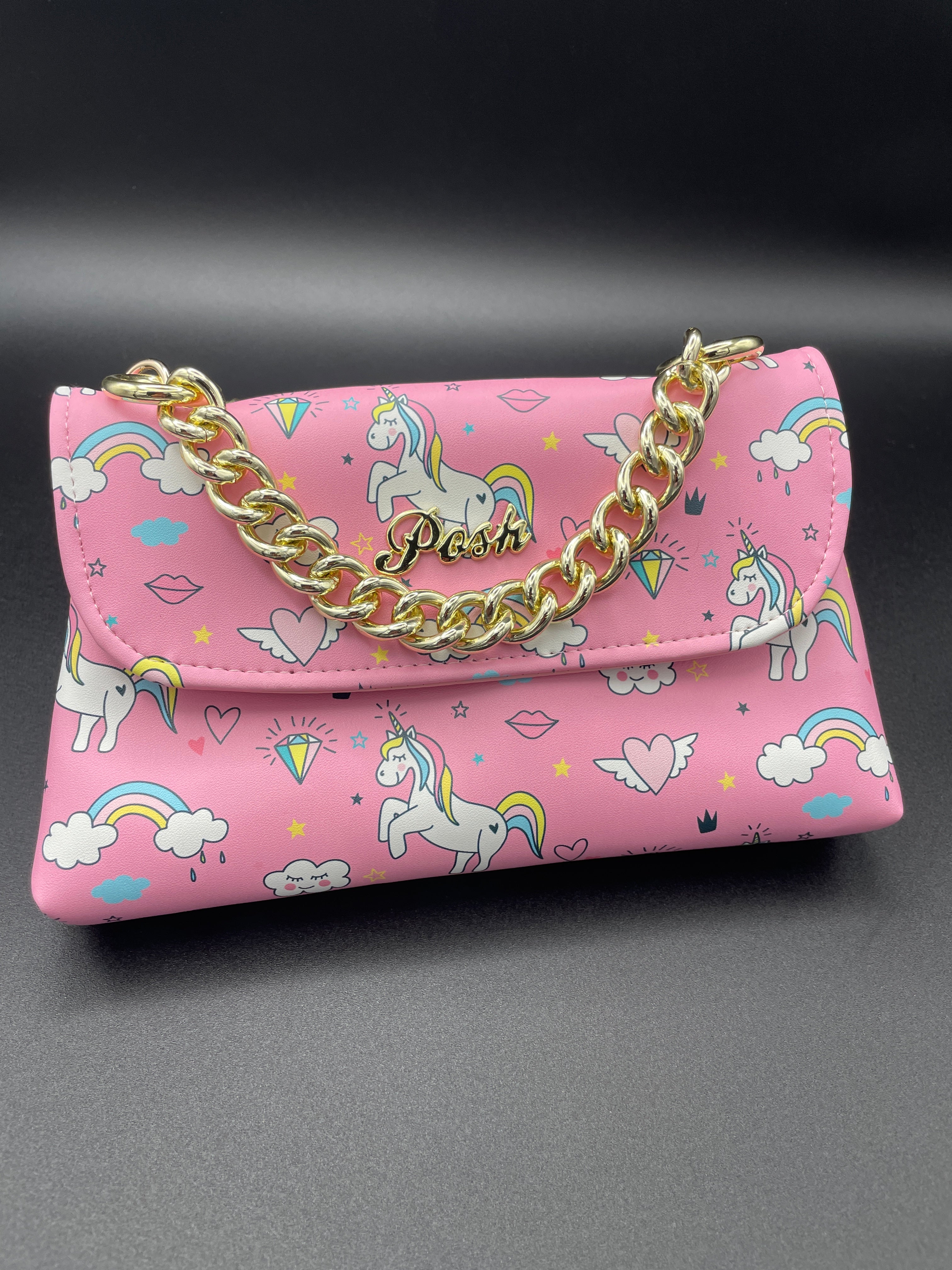 Posh Thailand Pink Unicorn Rainbow Front Flap Double Pocket Crossbody Bag