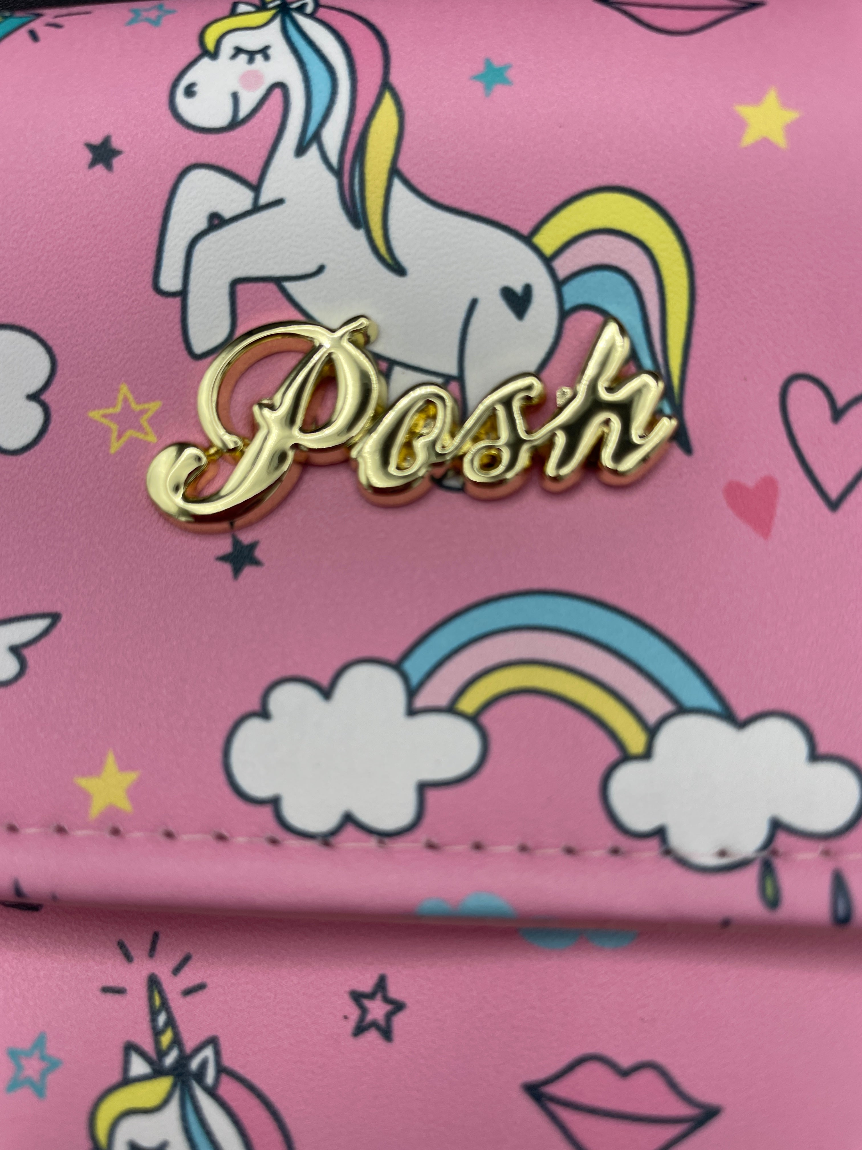 Posh Thailand Pink Unicorn Rainbow Front Flap Double Pocket Crossbody Bag